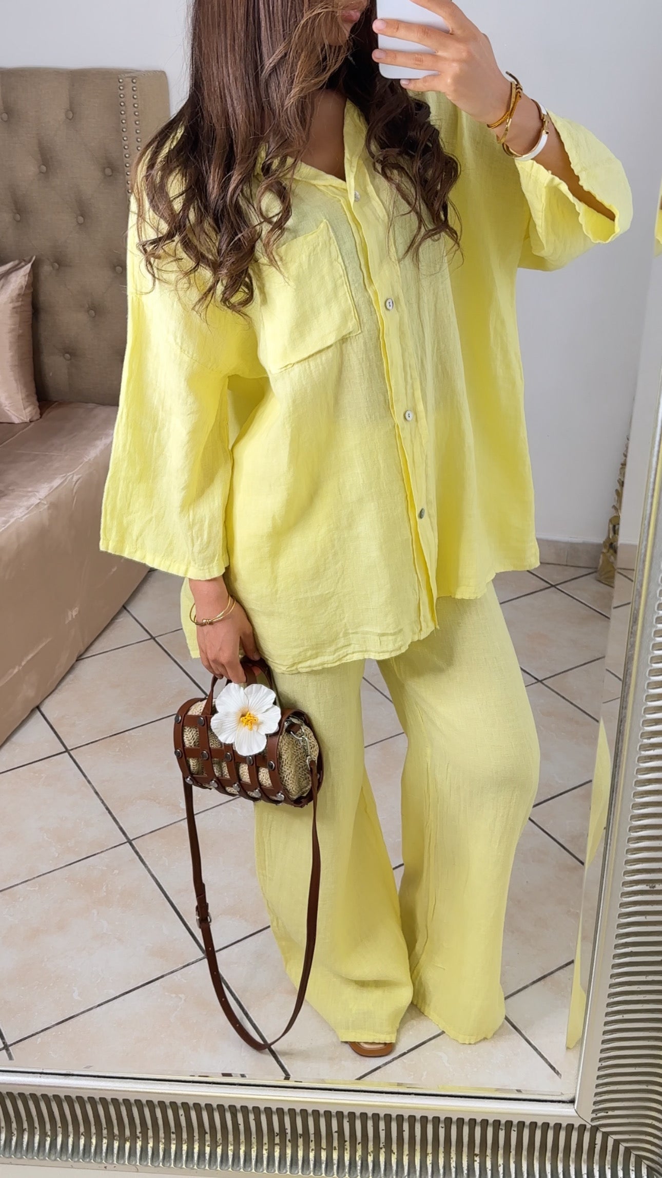 Ensemble chemise ample et pantalon 100% lin [JAUNE]