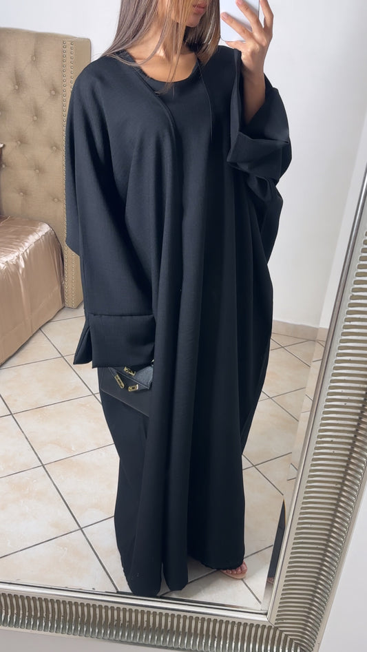 Ensemble sous robe + kimono effet lin [NOIR]