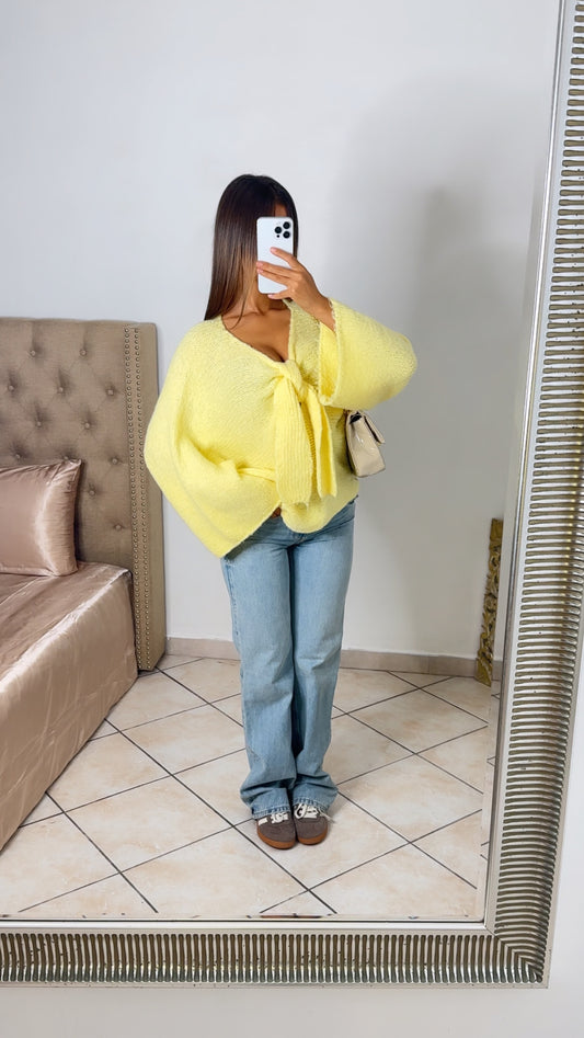 Pull oversize en maille noeud et à manches évasées [JAUNE]