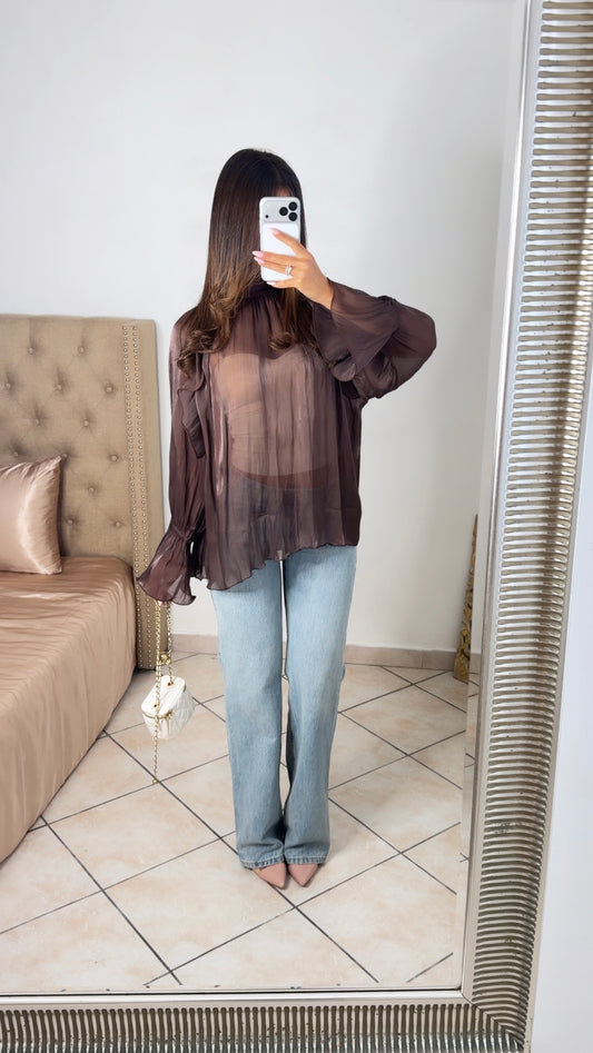 Blouse col montant à volants [MARRON]