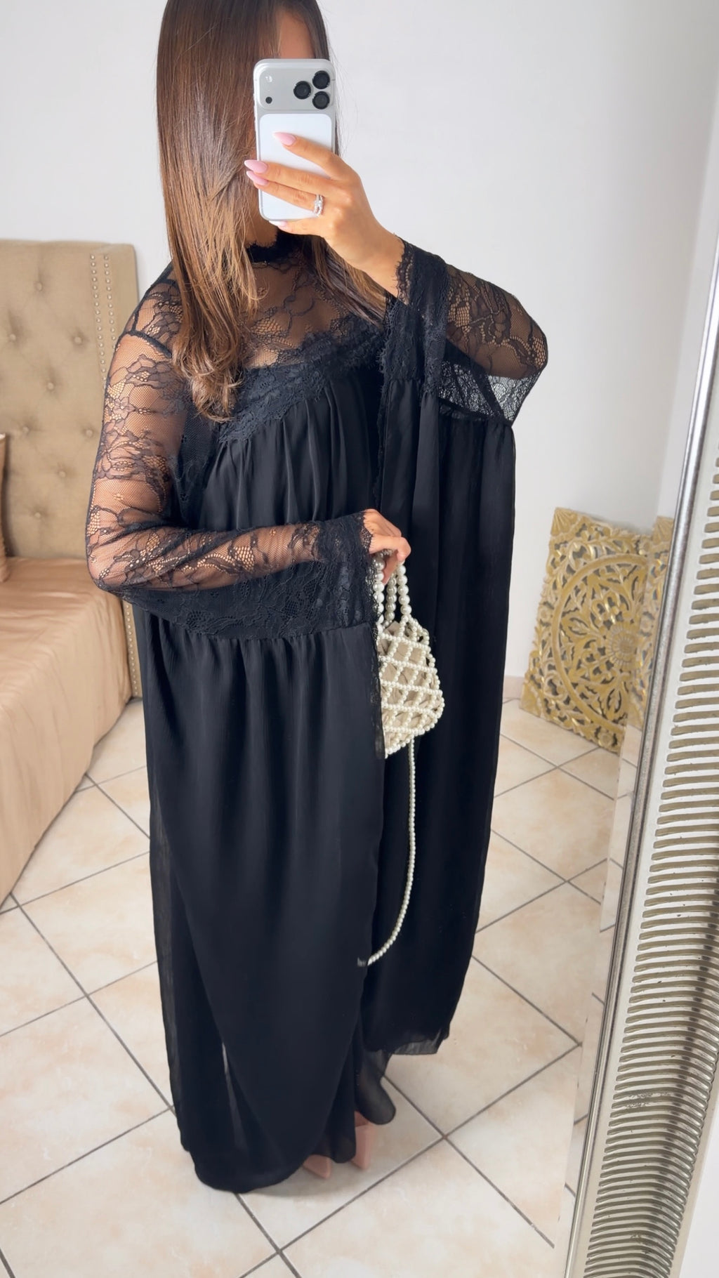 Robe longue à dentelle [NOIR]