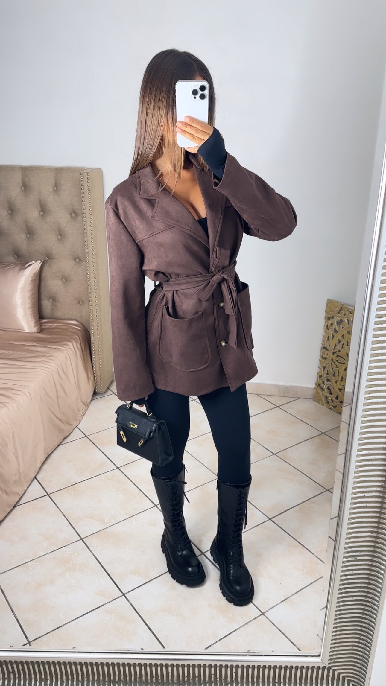 Veste à ceinture effet daim [MARRON]