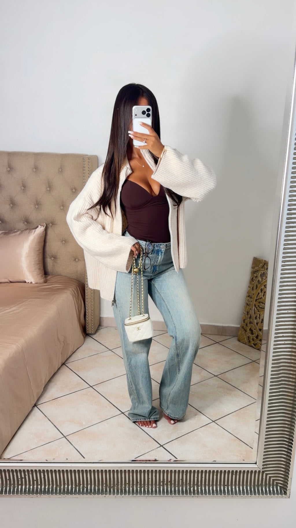 Gilet en maille col montant à zip [CREME]