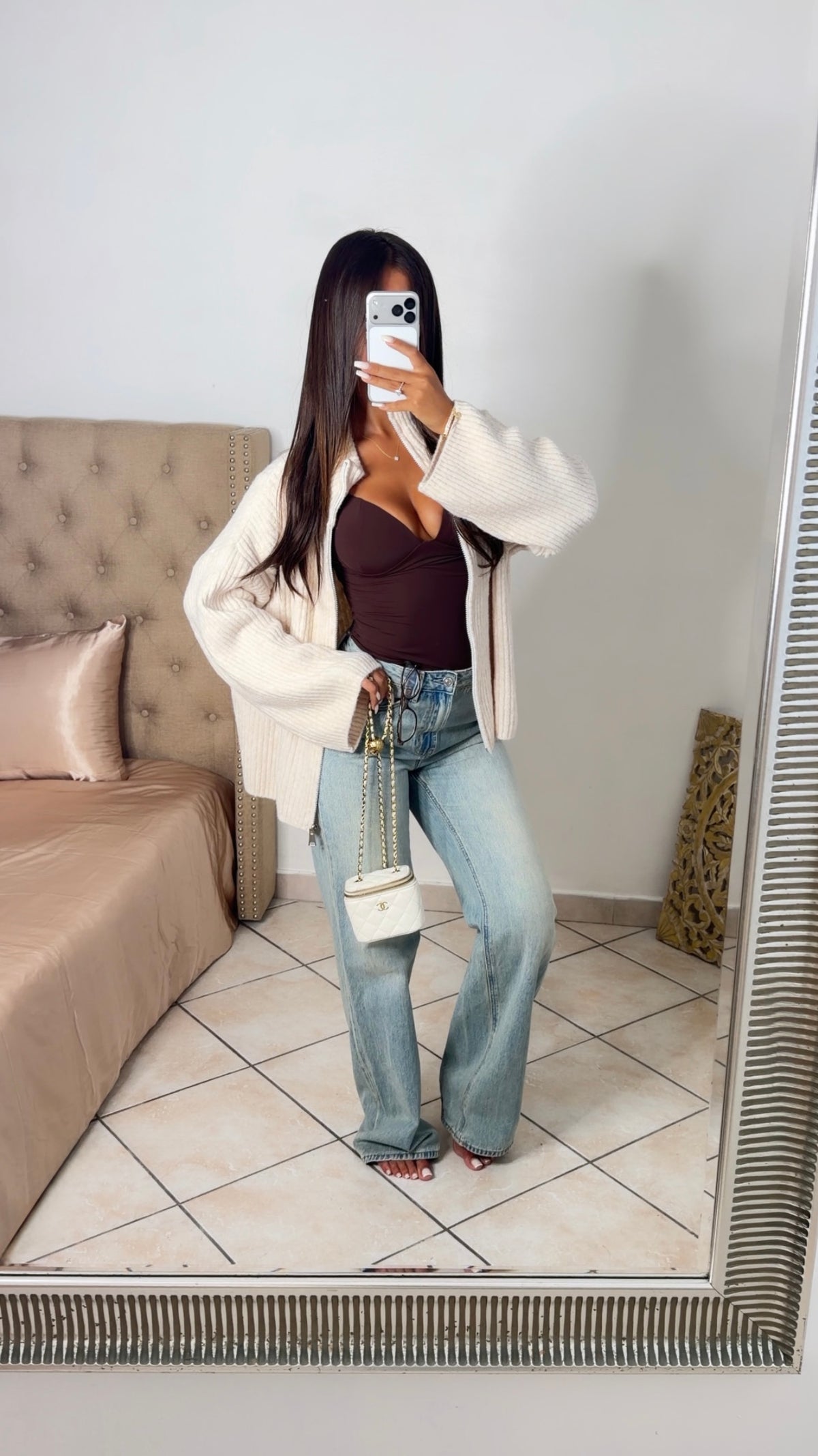 Gilet en maille col montant à zip [CREME]