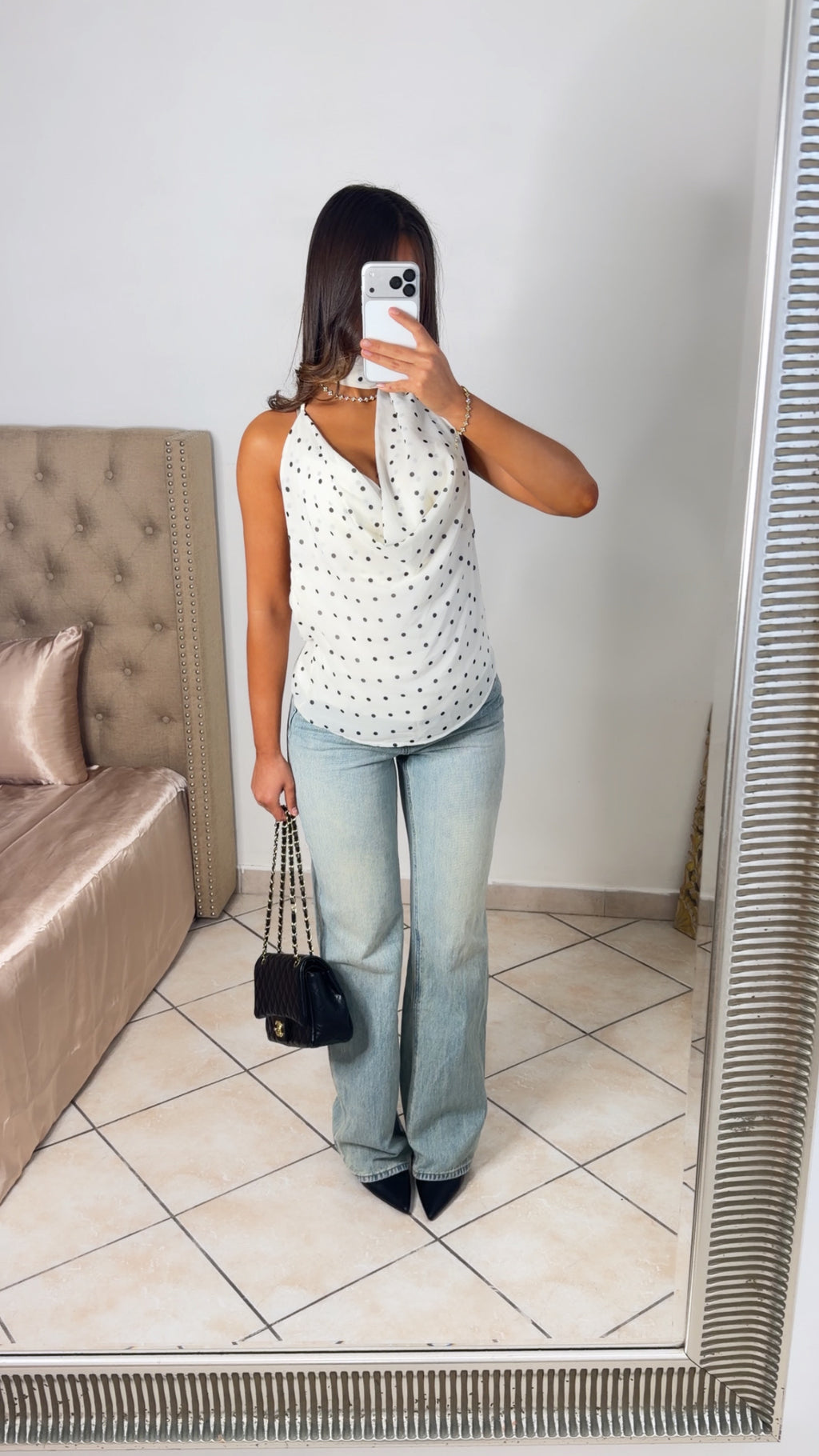 Top col bénitier dos nu avec écharpe à pois [BLANC]
