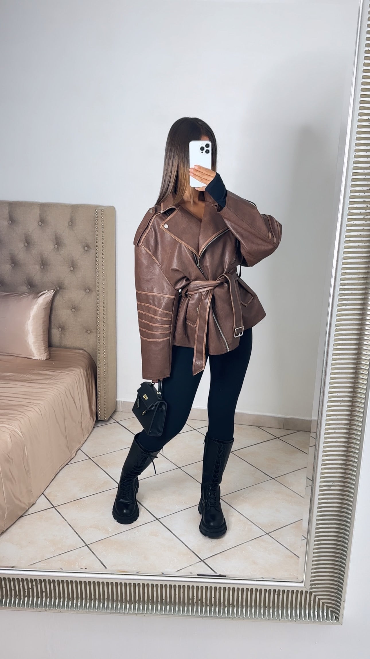 Veste oversize en similicuir à ceinture [MARRON]