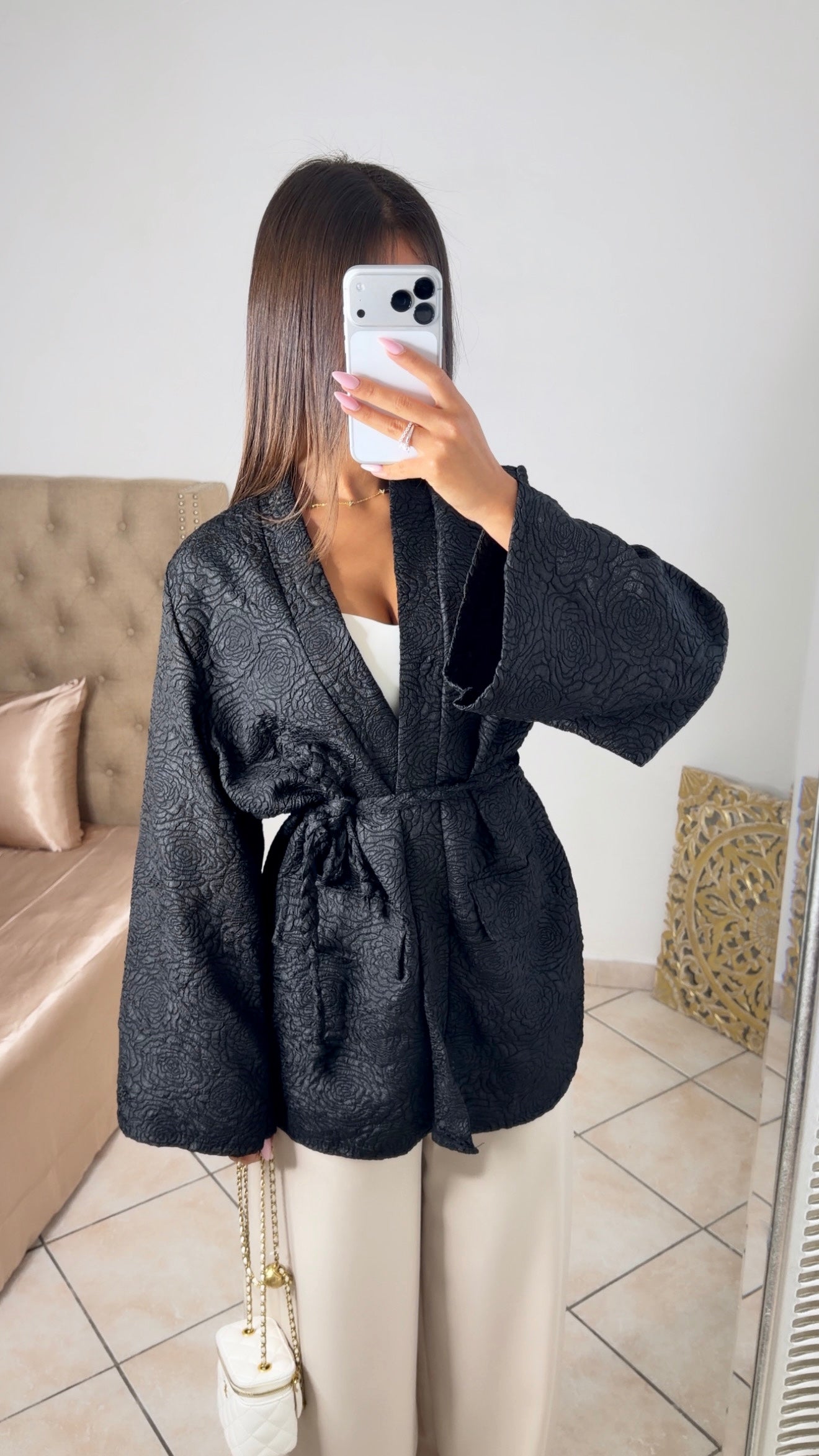 Kimono brocard à ceinture [NOIR]