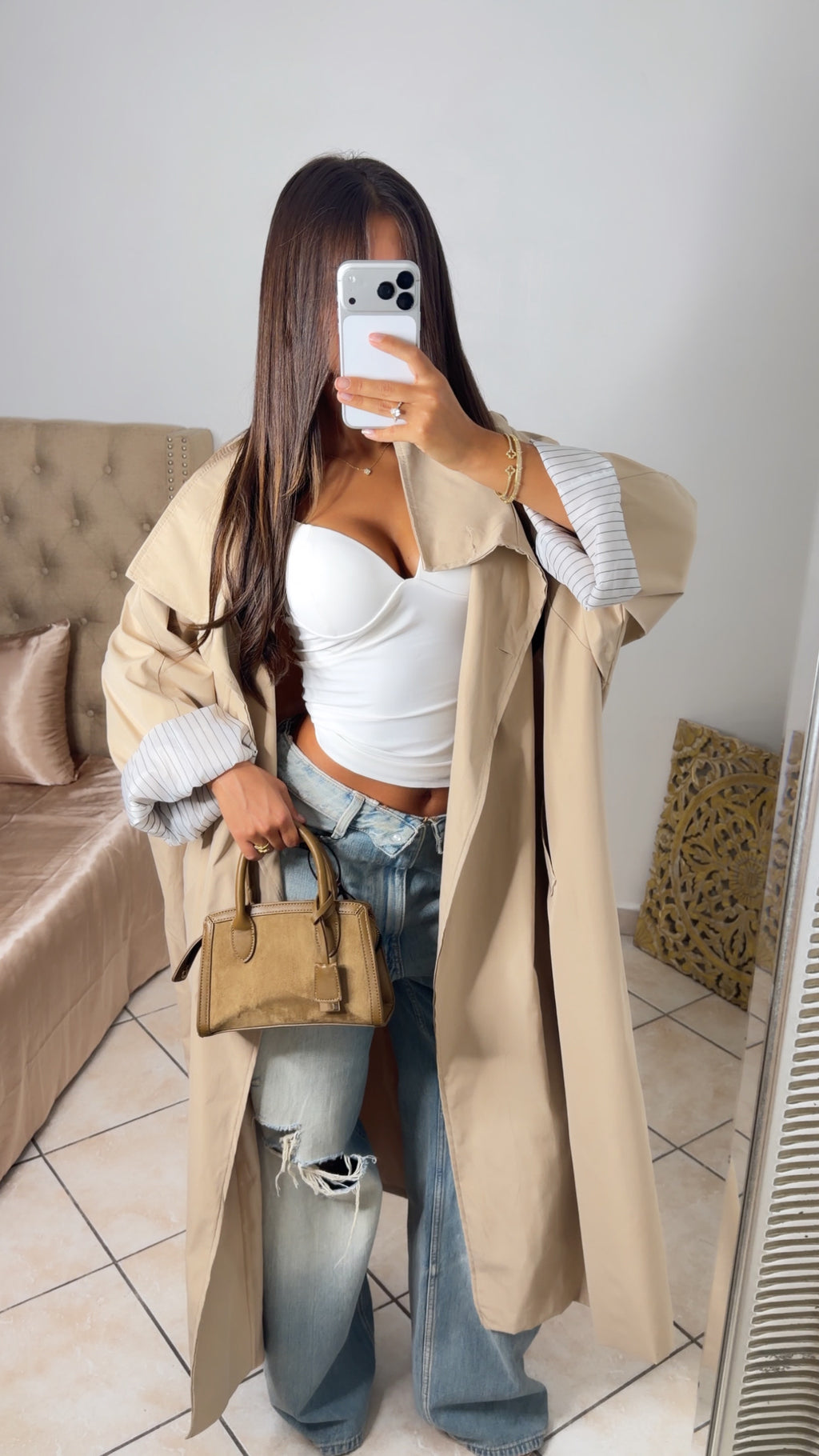 Trench oversize long à revers rayés [BEIGE]