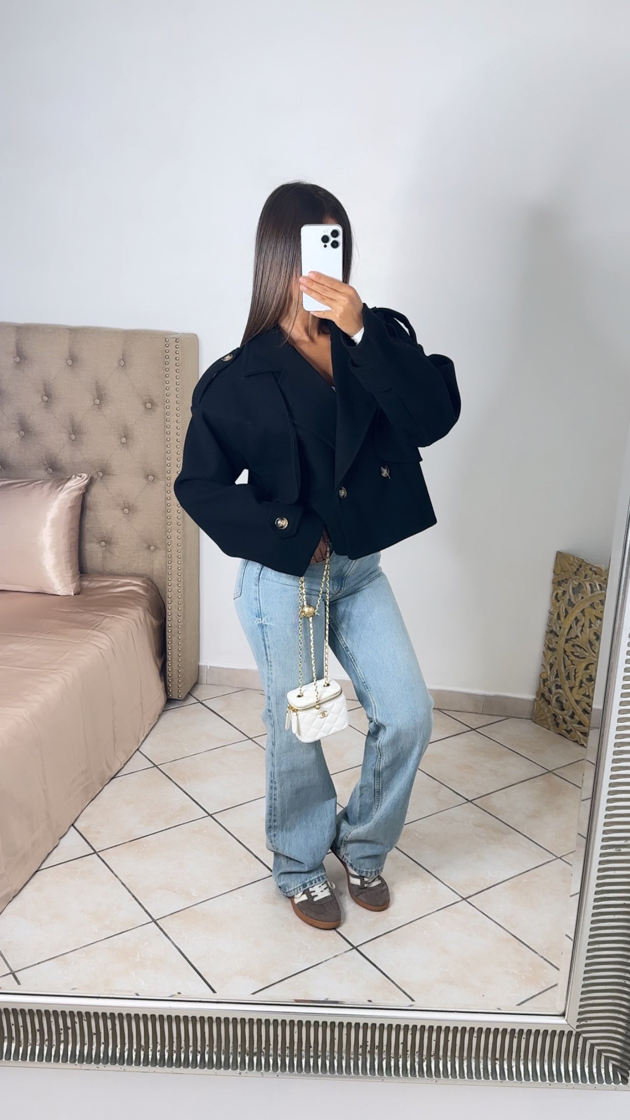 Manteau trench court effet laine [NOIR]