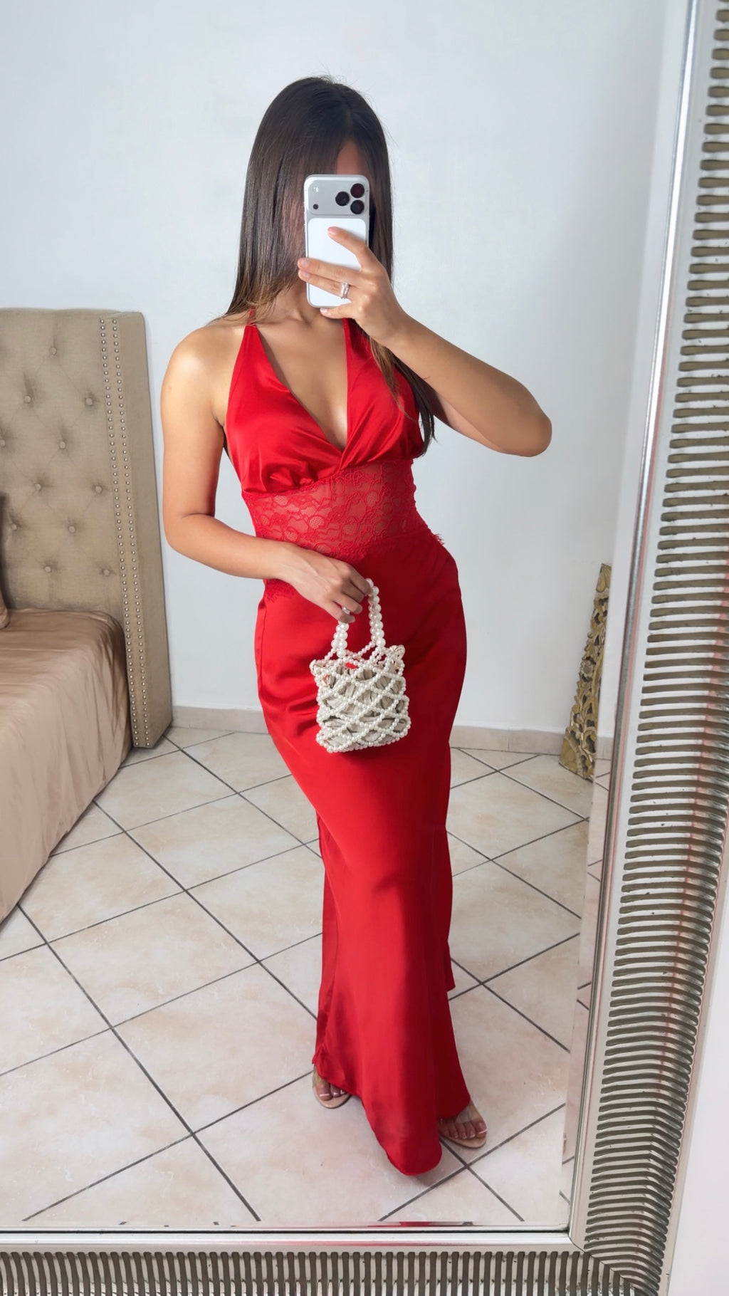 Robe longue satinée à taille en dentelle [ROUGE]