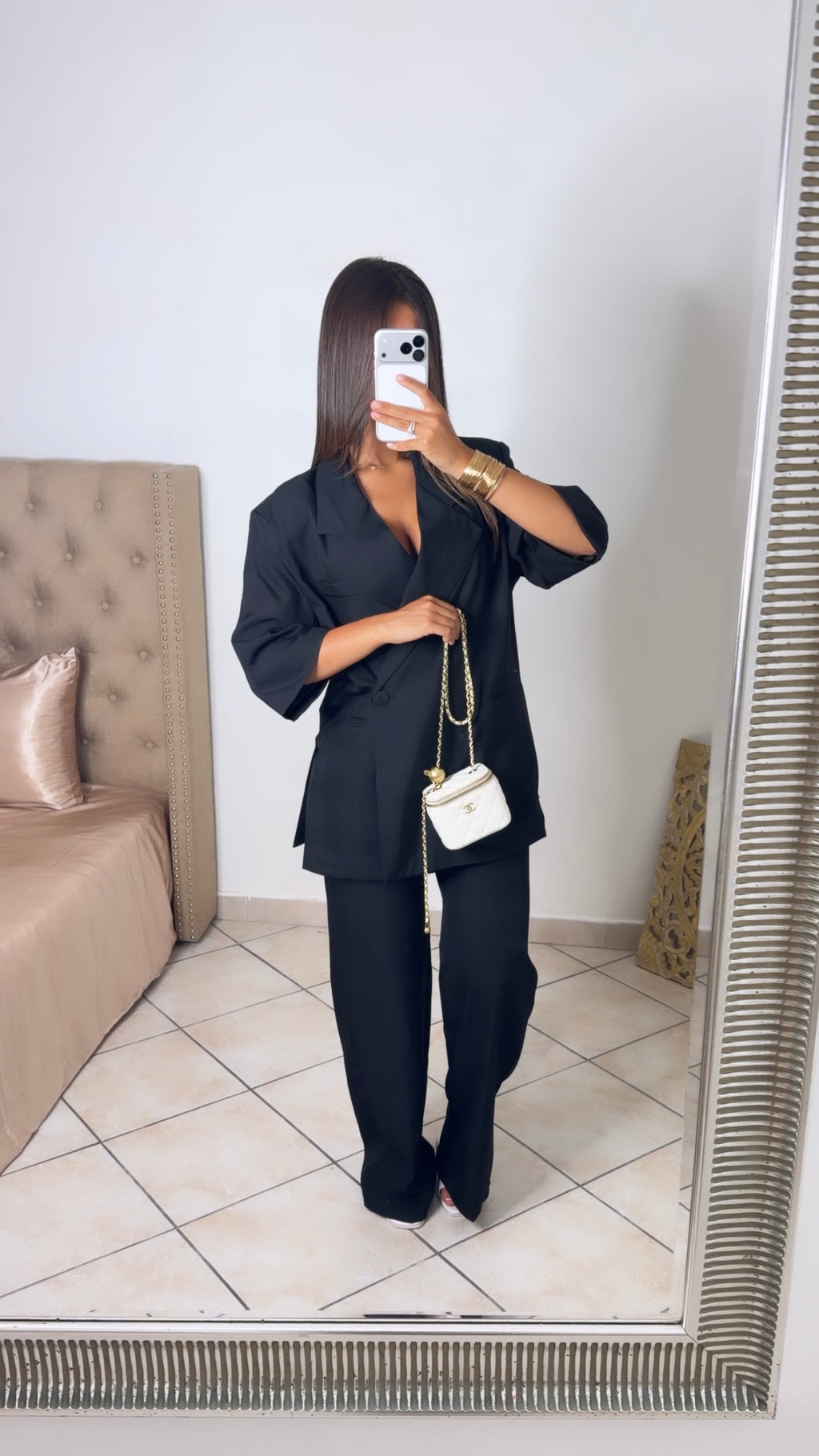 Ensemble blazer manche courte et pantalon [NOIR]