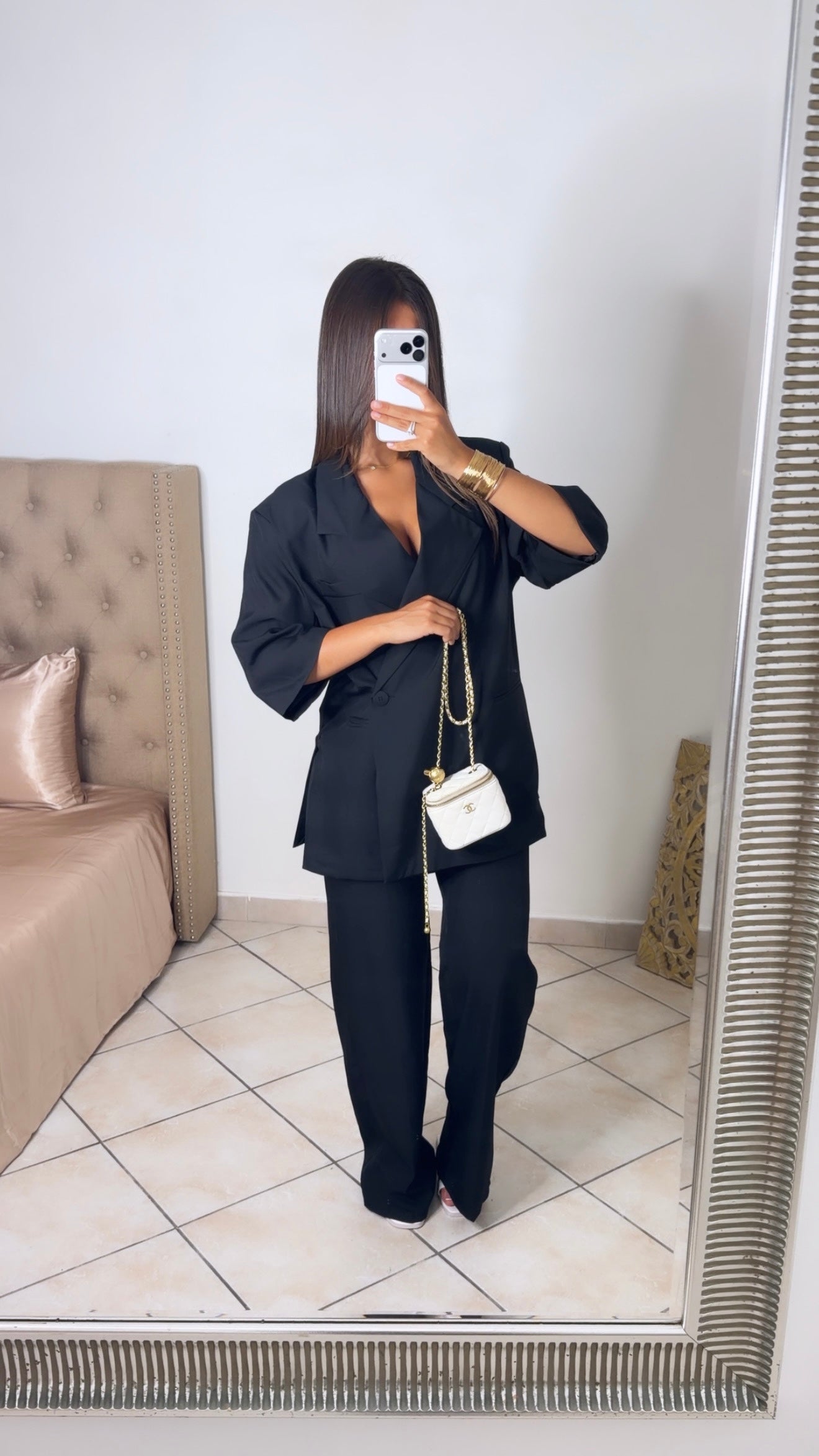 Ensemble blazer manche courte et pantalon [NOIR]
