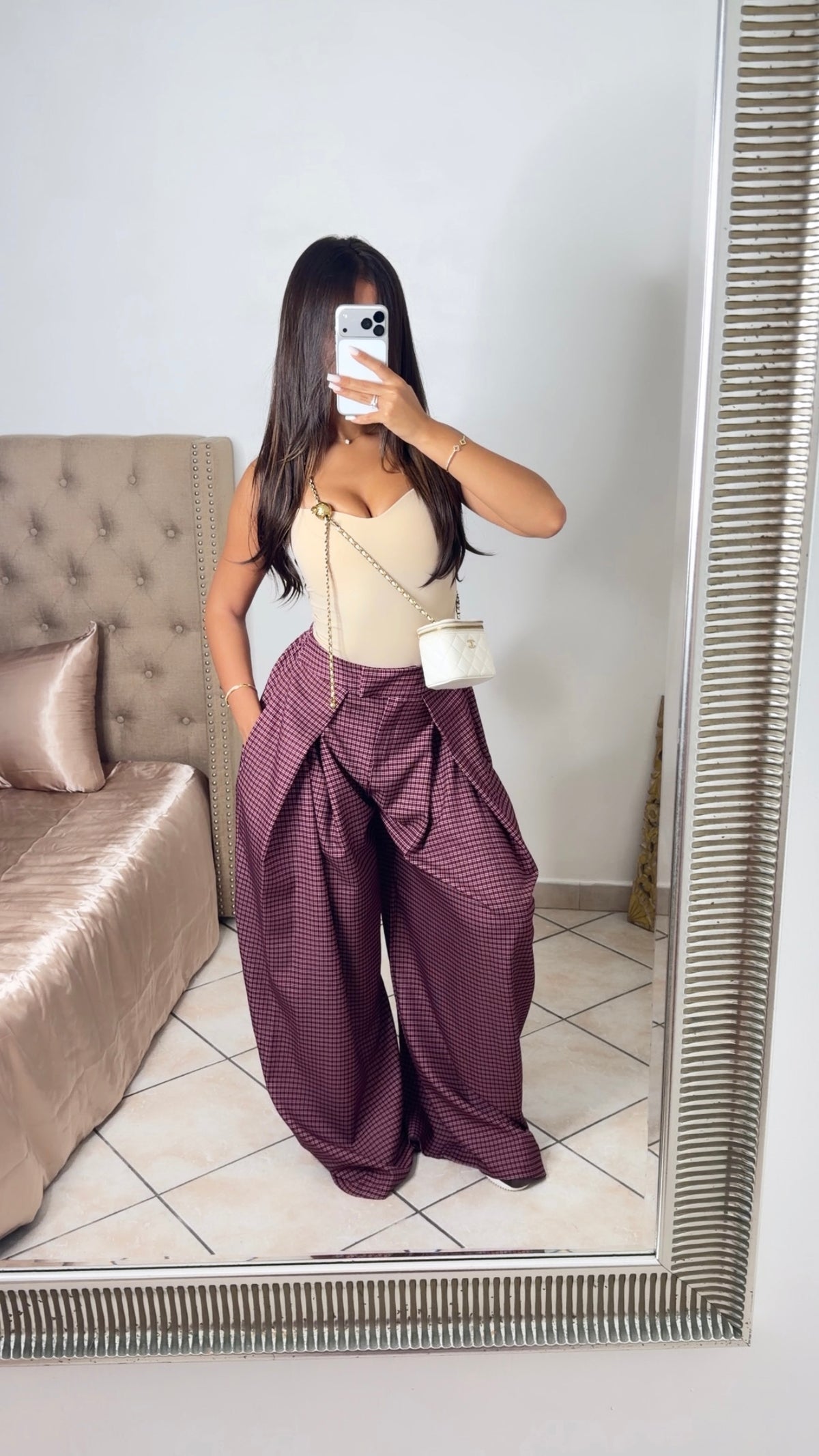 Pantalon doublé à nouer à carreaux [BORDEAUX]
