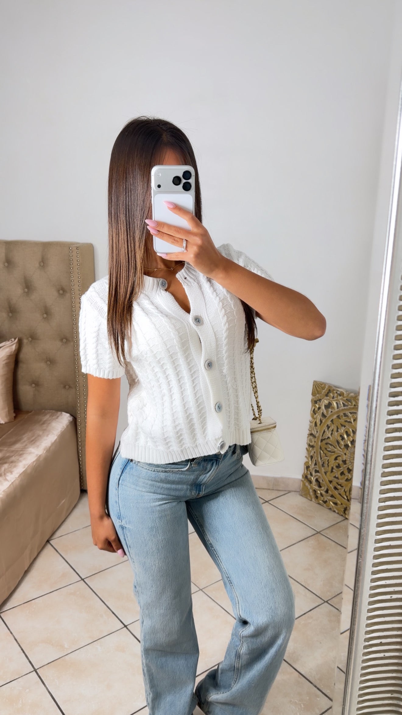 Top boutonné en maille torsadée [BLANC]