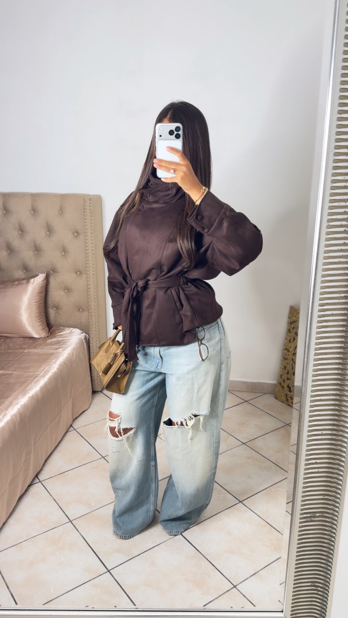 Veste en daim structurée à la taille [MARRON]