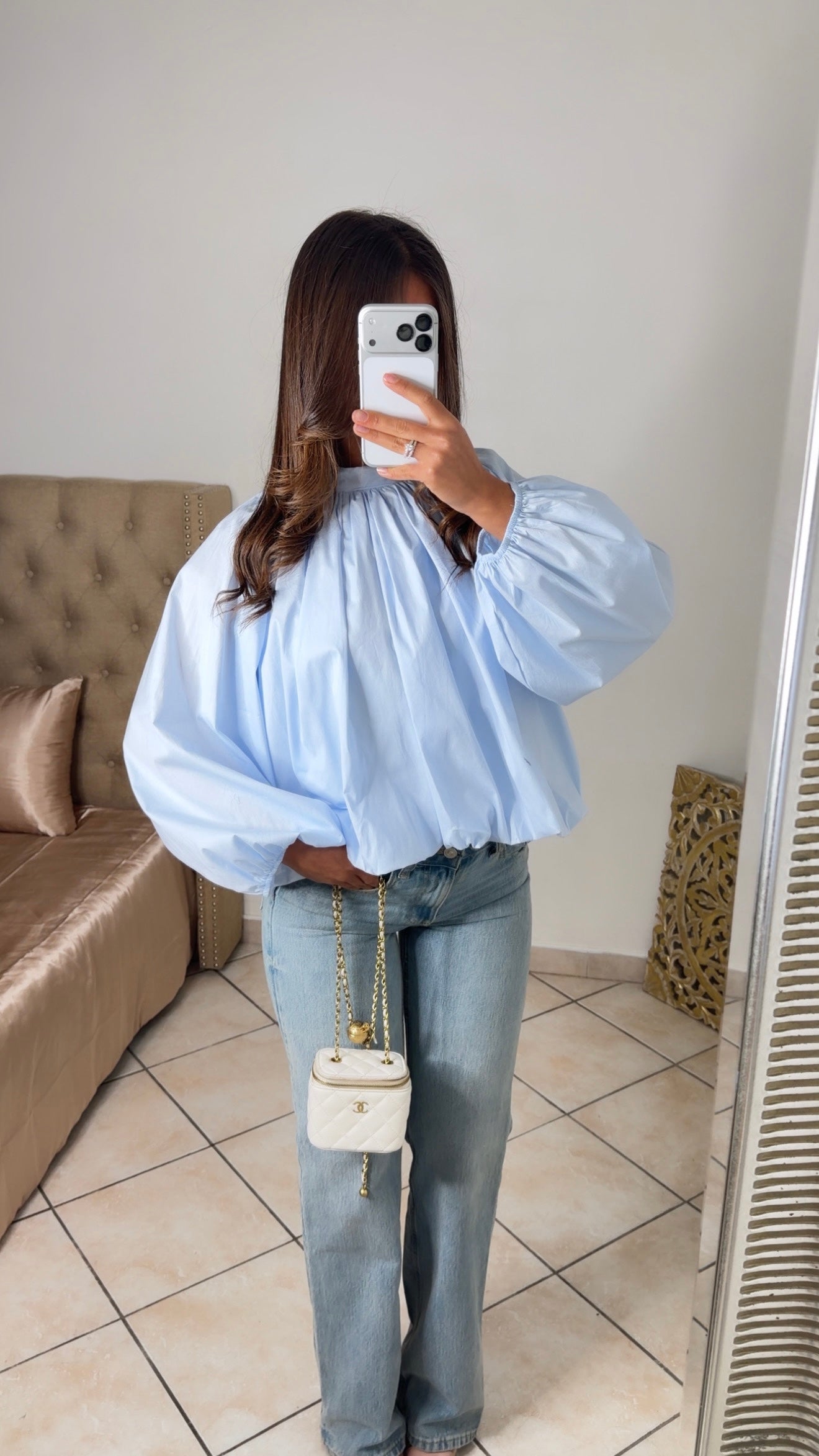 Blouse bouffante à nouer au dos [BLEU]