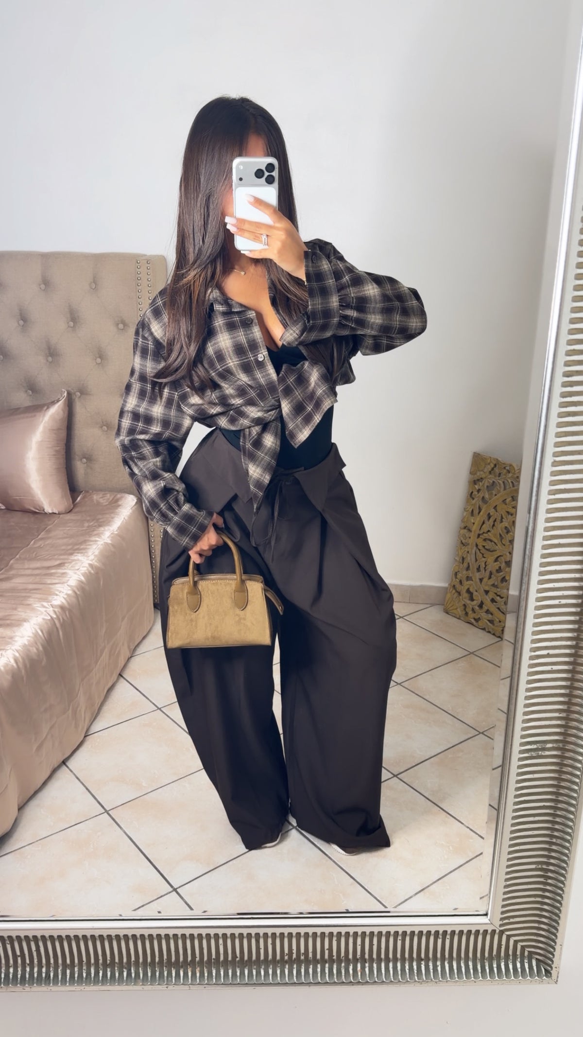 Chemise épaisse oversize longue à carreaux [MARRON]