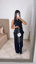 Ensemble col bénitier asymétrique et pantalon satiné [NOIR]