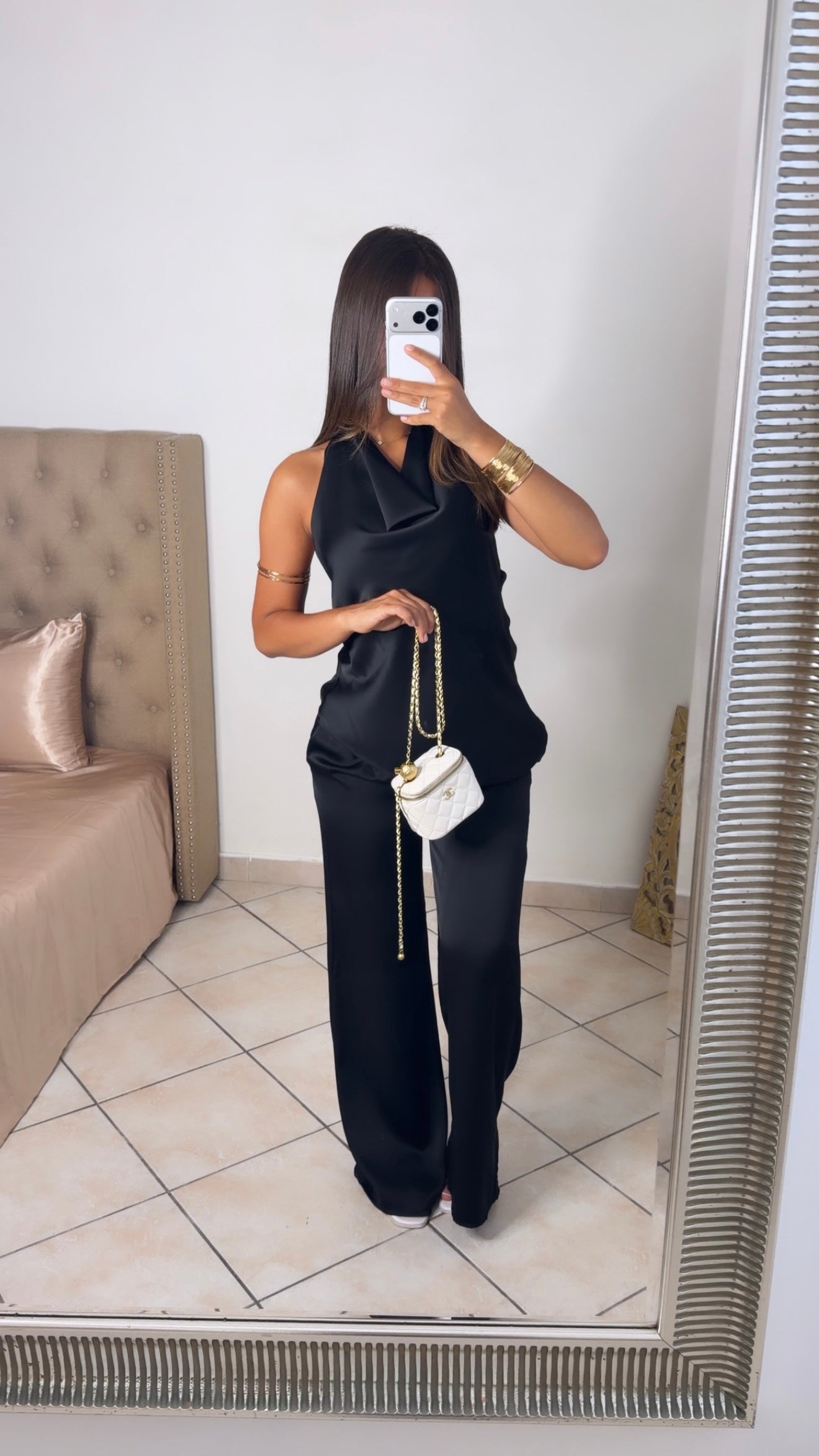 Ensemble col bénitier asymétrique et pantalon satiné [NOIR]