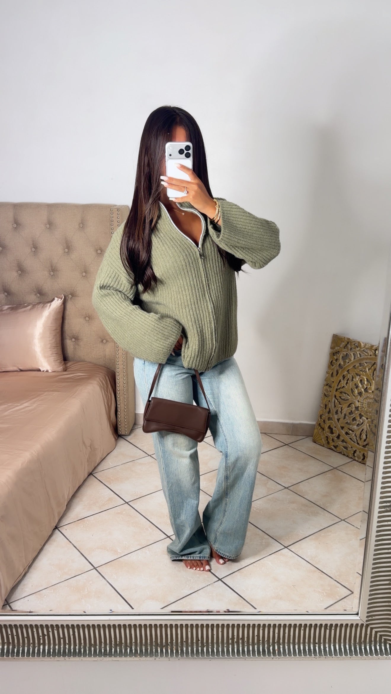 Gilet en maille col montant à zip [KAKI]