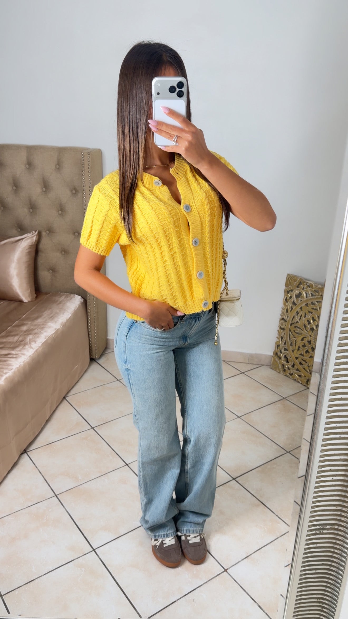 Top boutonné en maille torsadée [JAUNE]