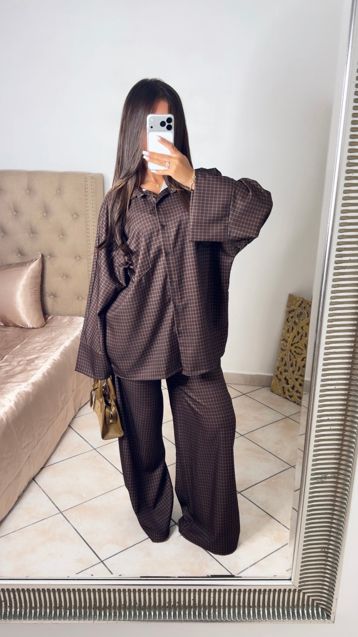 Ensemble chemise oversize longue à carreaux [MARRON]
