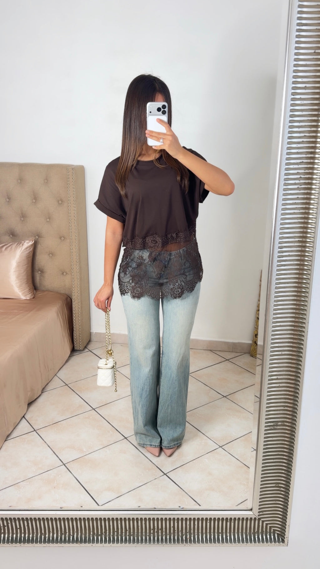 T-shirt bimatière en dentelle [MARRON]