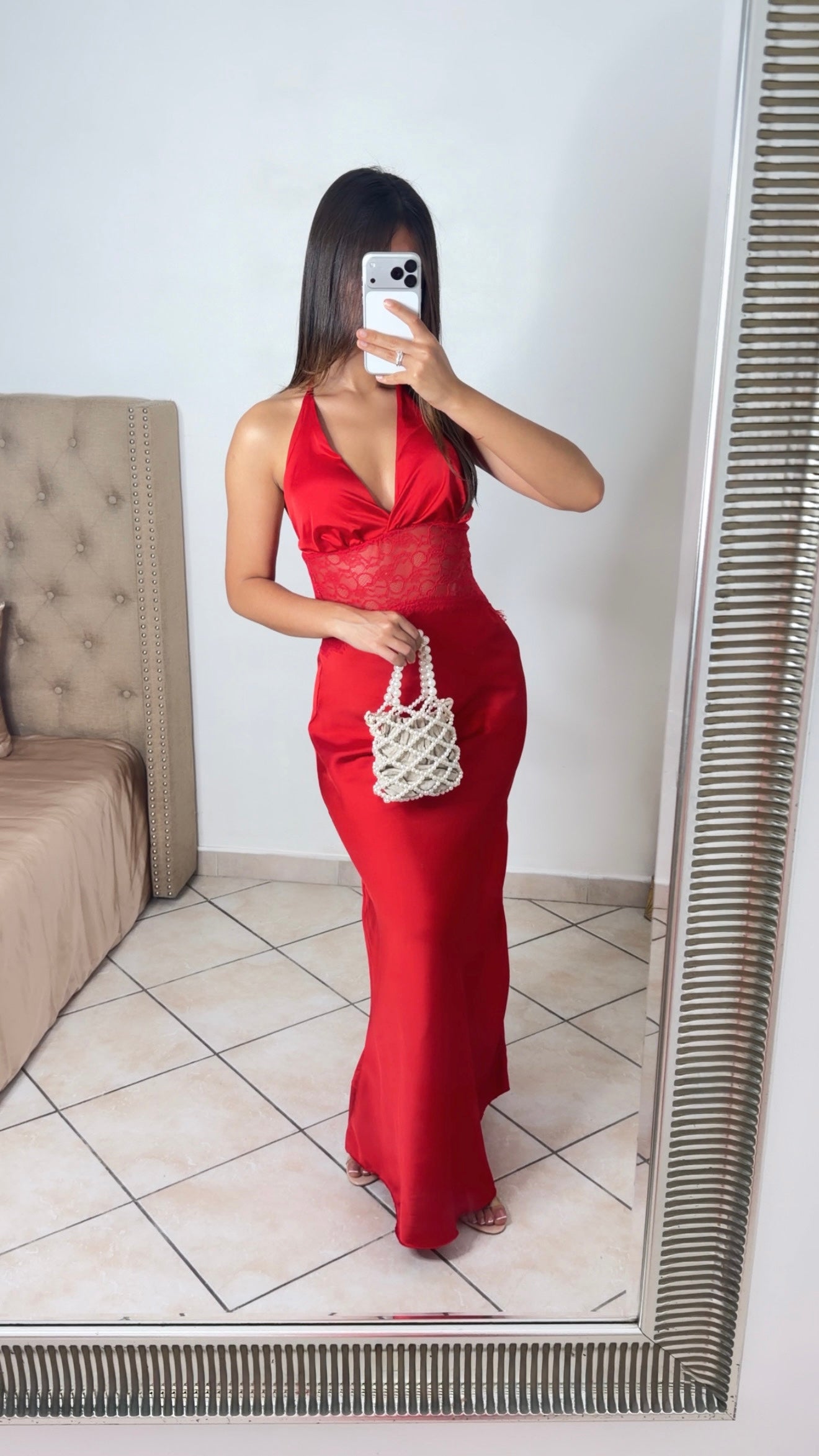 Robe longue satinée à taille en dentelle [ROUGE]