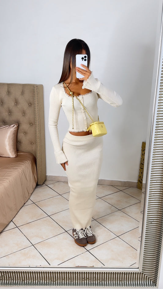 Ensemble top & jupe à détails dentelles [CREME] #371